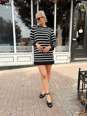 Aspen Black And White Striped Long Sleeve Sweater Dress