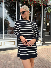 Aspen Black And White Striped Long Sleeve Sweater Dress
