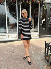 Aspen Black And White Striped Long Sleeve Sweater Dress