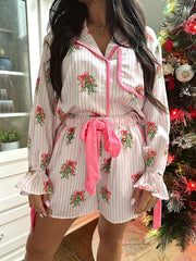 Clara Pink Striped Wreath Satin Pajama Set