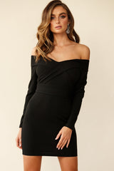 Irina Off-Shoulder Long Sleeve Wrap Dress Black