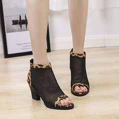 Women's Ankle Mesh Peep Toe Chunky Block High Heels