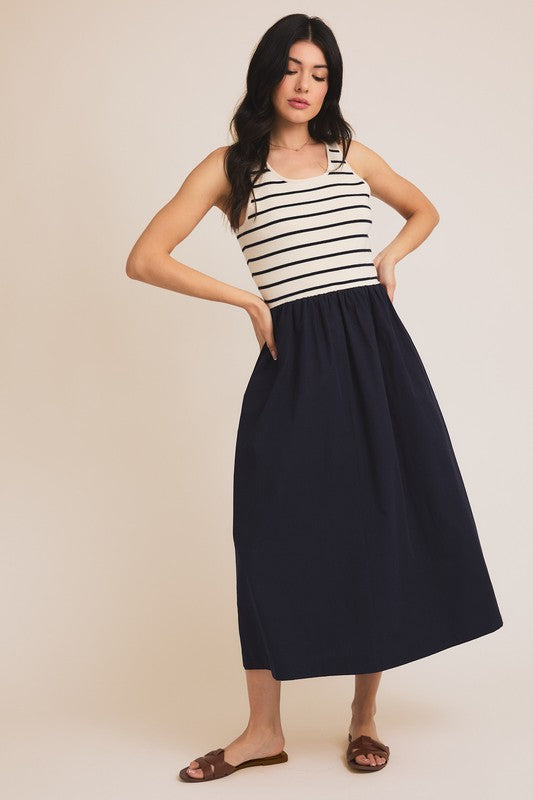 Forest Scooped Neck Sleeveless Knit & Woven Mix Dress
