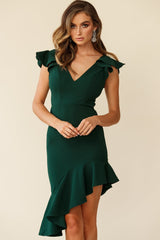 Duly Noted Frill Shoulder Asymmetrical Hem Dress Forest Green