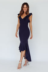 Pearl Ruffle Strap High-Low Hem Dress Navy