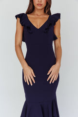 Pearl Ruffle Strap High-Low Hem Dress Navy