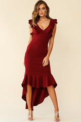 Pearl Ruffle Strap High-Low Hem Dress Plum