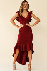 Pearl Ruffle Strap High-Low Hem Dress Plum