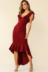 Pearl Ruffle Strap High-Low Hem Dress Plum