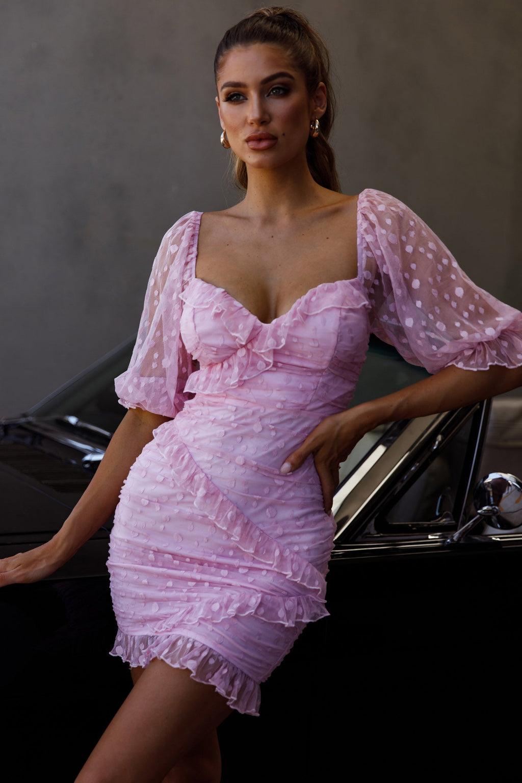 La Vida Sweetheart Neckline Puff Sleeve Dress Pink