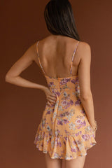 Good Vibes V-Neckline Frill Hem Dress Floral Orange