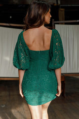 Good Vibes Puff Sleeve Deep V-Neckline Lace Mini Dress Forest Green