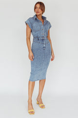 New Day Short Sleeve Button-Up Midi Dress Denim