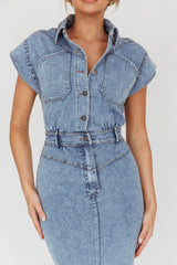 New Day Short Sleeve Button-Up Midi Dress Denim