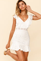 Short Story Ruffle Strap Criss-Cross Back Dress Floral Lace White