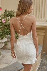 Meriah Criss-Cross Back Ruffle Trim Mini Dress White