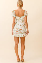 Serena Puff Sleeve Ruched Detail Dress Watercolor Print Green