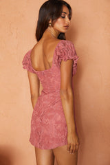 Norma Jean Puff Sleeve Cut-Out Bust Lace Mini Dress Rose
