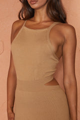 Mayfair Tie-Up Back Thigh Split Knit Midi Dress Camel