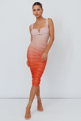Nadia Ruched Midi Dress Gradient Orange