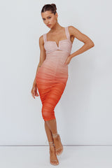 Nadia Ruched Midi Dress Gradient Orange