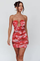 Ember Diamond Neckline Mini Dress Print Red