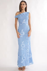 Moonlit Magic Asymmetric Neckline Embellished Maxi Dress Blue