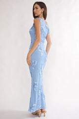 Moonlit Magic Asymmetric Neckline Embellished Maxi Dress Blue