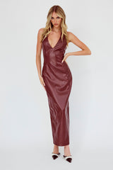Marella Halterneck Faux Leather Maxi Dress Wine