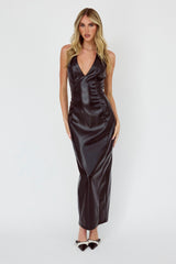 Marella Halterneck Faux Leather Maxi Dress Black