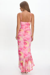 Kamilah Ruched Waist Ruffle Maxi Dress Print Pink