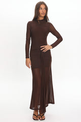 Girl's Night Long Sleeve Mesh Maxi Dress Chocolate