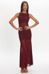 Sade Sheer Panel Ruched Maxi Dress Wine
