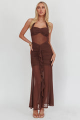 Rayah Sheer Insert Ruched Maxi Dress Chocolate