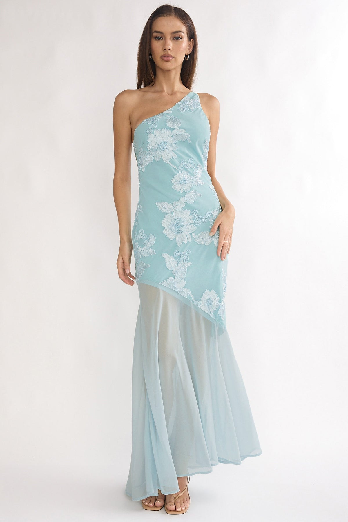 Mireya One-Shoulder Sheer Hem Maxi Dress Aqua