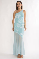Mireya One-Shoulder Sheer Hem Maxi Dress Aqua