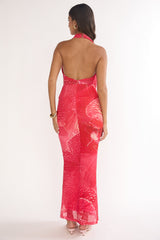 Everra Halterneck Drape Maxi Dress Print Red