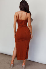 Serenade Me Square Neckline Side Split Midi Dress Cinnamon