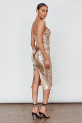 Encore Strapless Sequin Midi Dress Gold