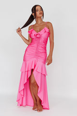 Rosalia Ruched Ruffle Maxi Dress Fuchsia