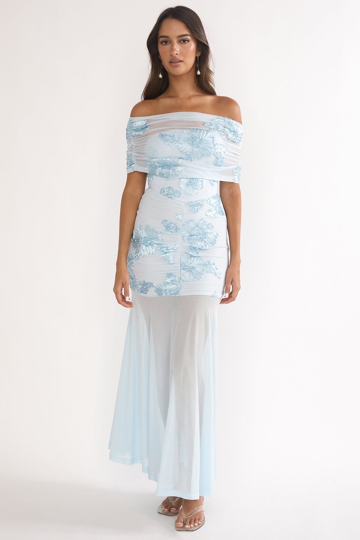 Clarita Sheer Ruched Maxi Dress Embellished Blue