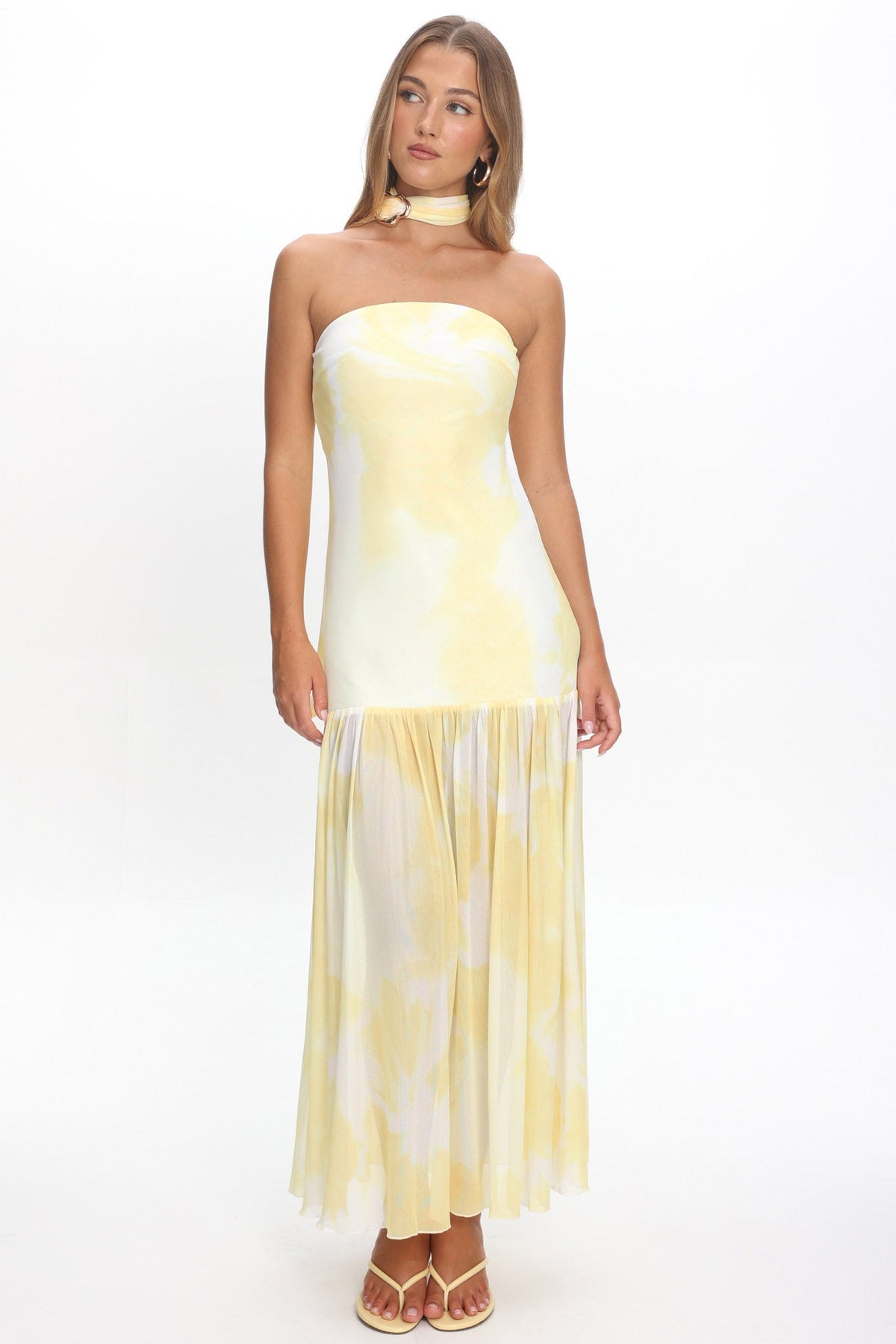 Antonella Strapless Waist Sash Maxi Dress Marbled Yellow