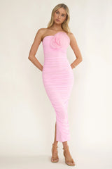 She Just Knows Ruched Flower Bust Maxi Dress Pink