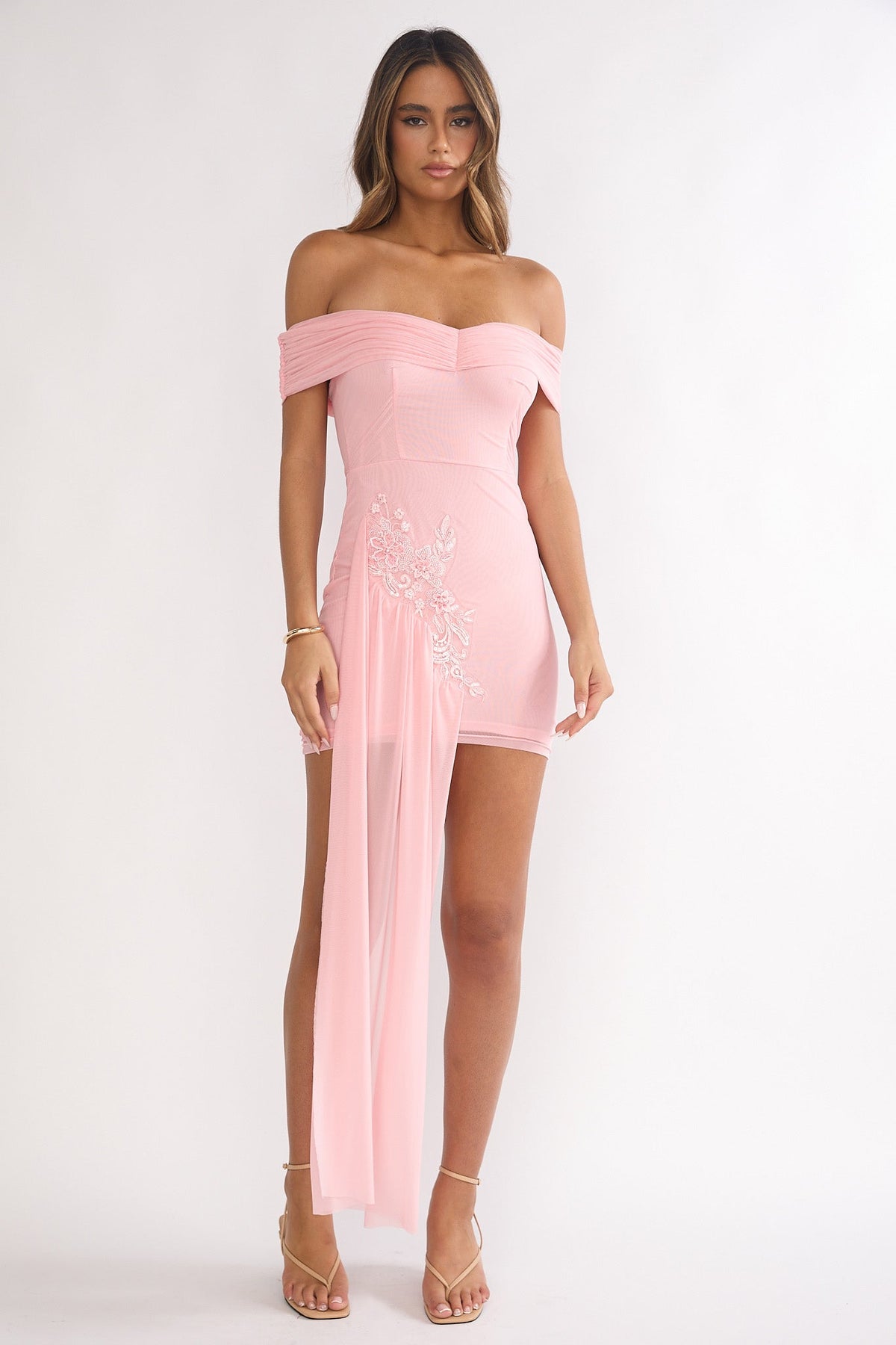 Dahlisse Off-Shoulder Sash Mini Dress Blush