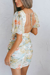 Never Part Puff Sleeve Ruched Low Back Mini Dress Floral Print Green