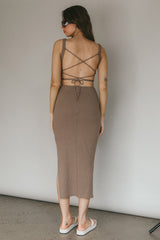 Dream Crush Lace-Up Back Side Split Midi Dress Khaki