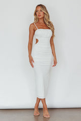 Mary Jane Gathered Bust Tie Back Midi Dress White