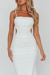 Mary Jane Gathered Bust Tie Back Midi Dress White