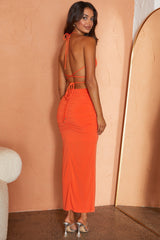 Sawyer Halterneck Strappy Back Ruched Midi Dress Tangerine