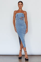 Glisten Cut-Out Buckle Waist Midi Dress Denim Blue